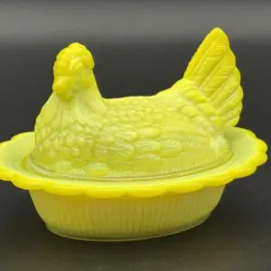Yellow glass hen dish with lid