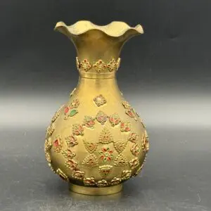 Antique Indian Brass Vase with Enameled Floral Embellishments